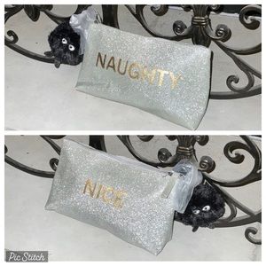 Bath & Body Works Metallic Silver Glitter Naughty Nice MONSTER Cosmetic bag NWT